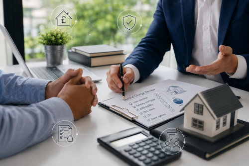 Specialist Second Charge mortgage referral service for brokers, showing a professional mortgage consultation with second charge review notes and compliance support icons.