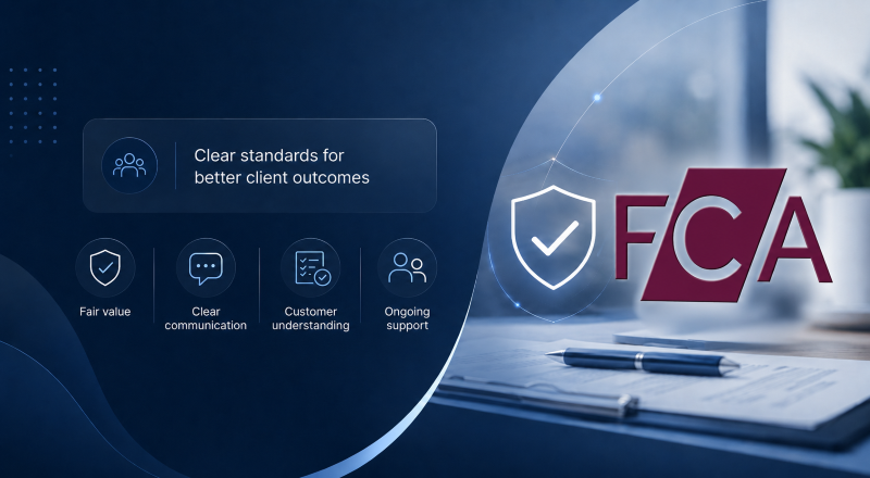 Consumer Duty for Mortgage Advisers with FCA logo, compliance icons and clear client outcome standards