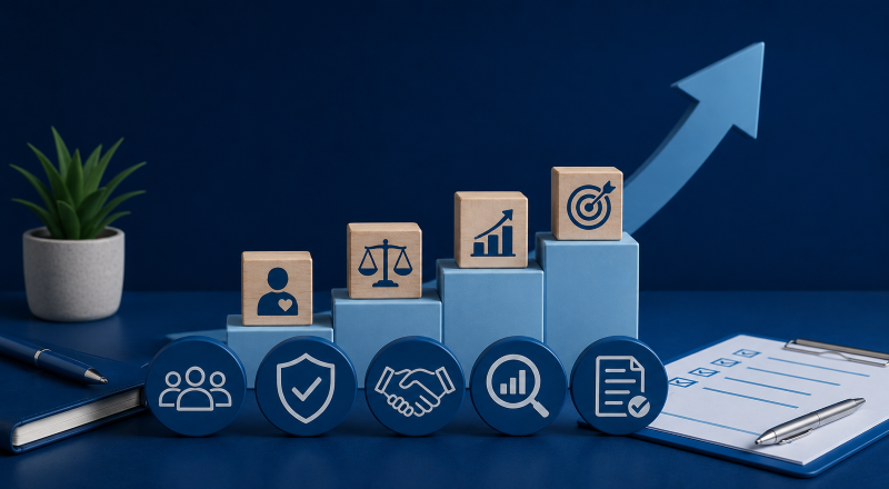 Consumer Duty in 2026 compliance concept showing customer outcomes, protection, fair value, support and regulatory review icons.