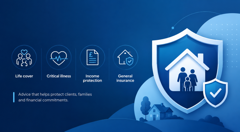 What is a Protection Adviser? Icon-led hero image showing life cover, critical illness, income protection and general insurance advice with a shield, home and family protection symbol.